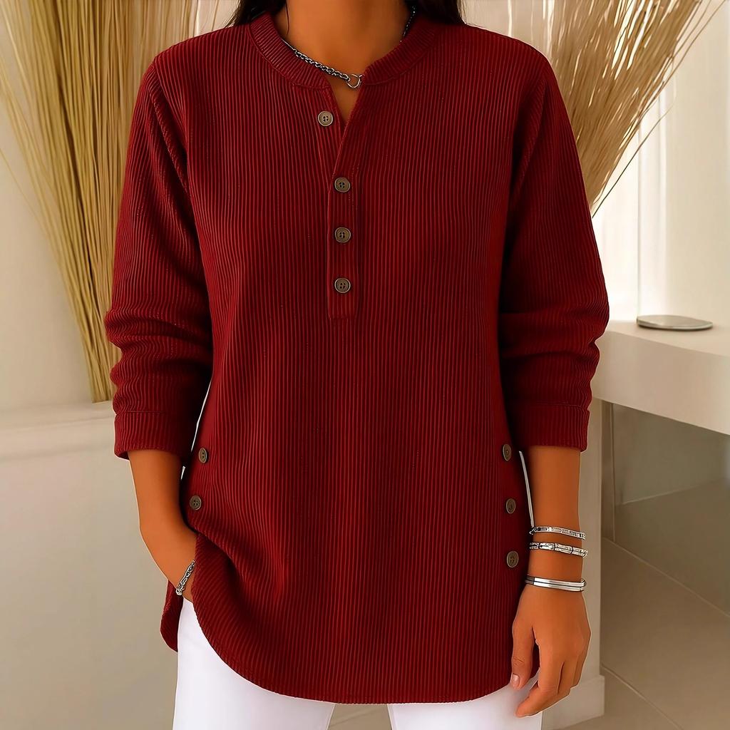 2025 New Corduroy Solid Color Loose Casual V-Neck Button Long Sleeve Women's Top T-Shirt