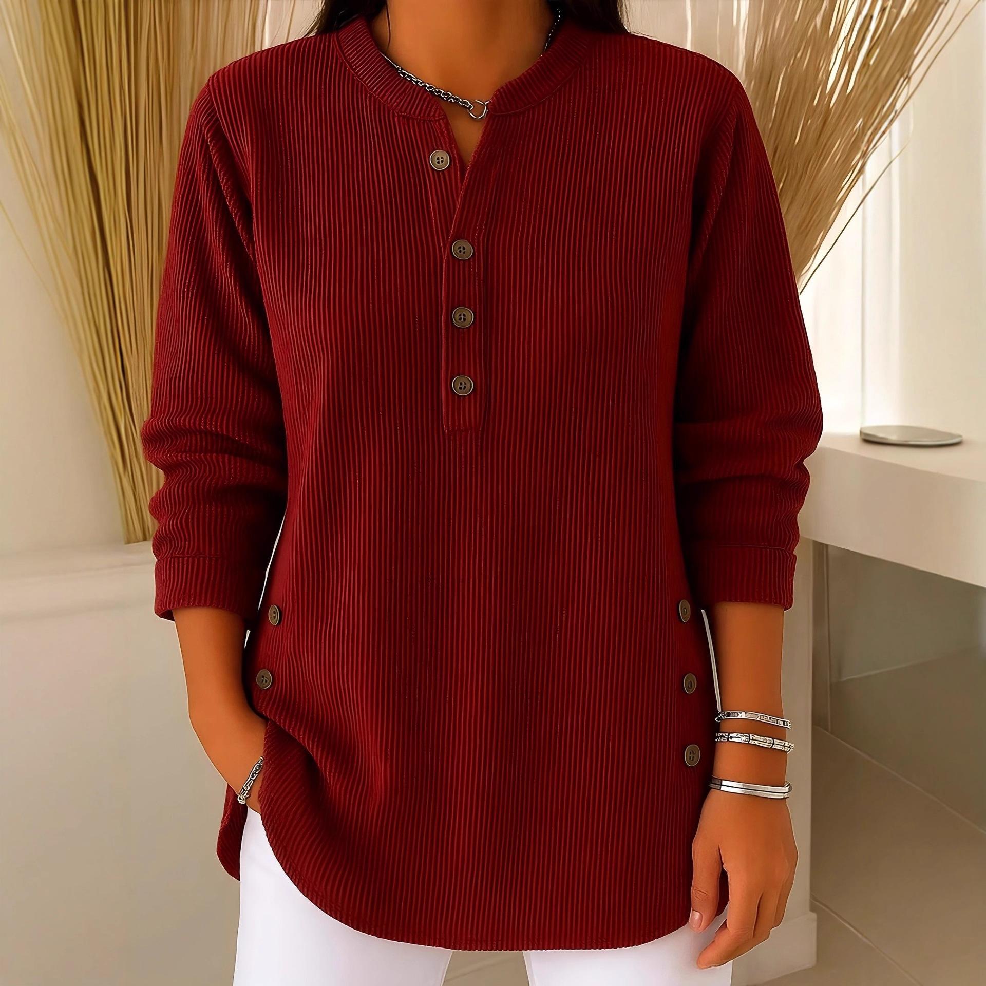 

2025 Новий вельветовий однотонний вільний повсякденний топ-футболка для жінок з V-подібним вирізом, на ґудзиках, з довгим рукавом S кларет