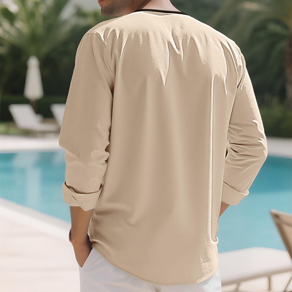 Pánské módní tričko s límečkem henley 95% len s dlouhým rukávem podzimní volné ležérní prošívané tričko pánské oblečení