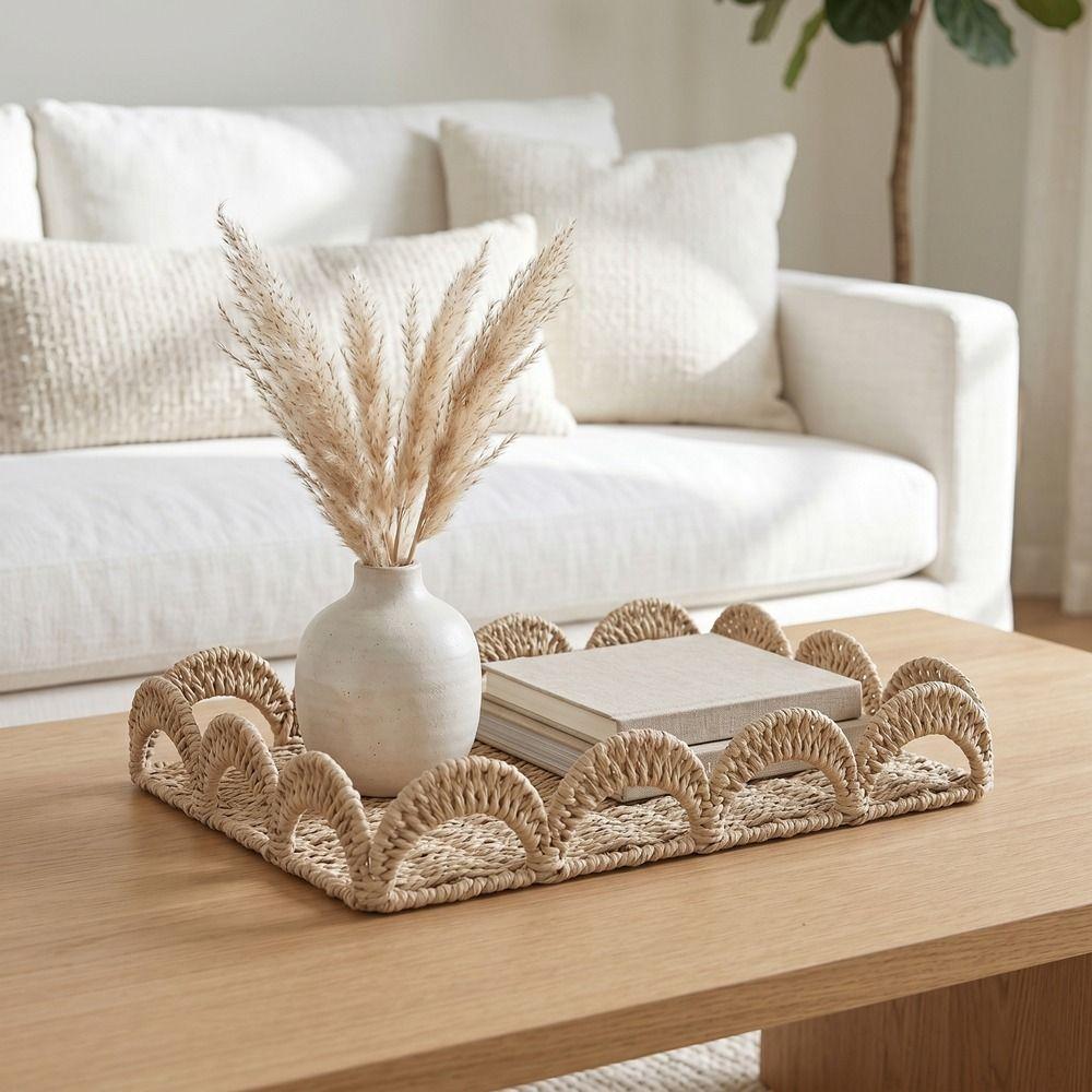 Scalloped Edge Handwoven Storage Basket Rectangular Fruit Basket Desktop Organizer Bedroom