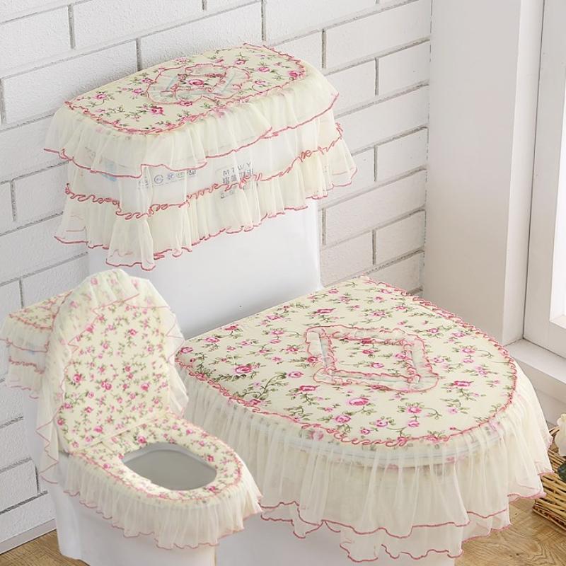 3pcs Lace Embroidery Home Decoration Toilet Cover Detachable Toilet Cover Cloth Dustproof Antibacterial Toilet Seat Ring Cushion