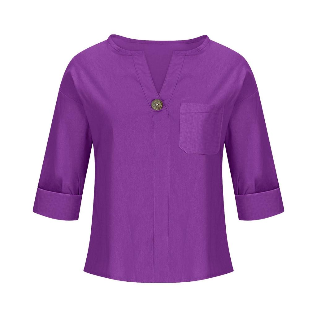 Women's 2025 Summer V-Neck Cotton Linen Button T-Shirt: Loose Fit