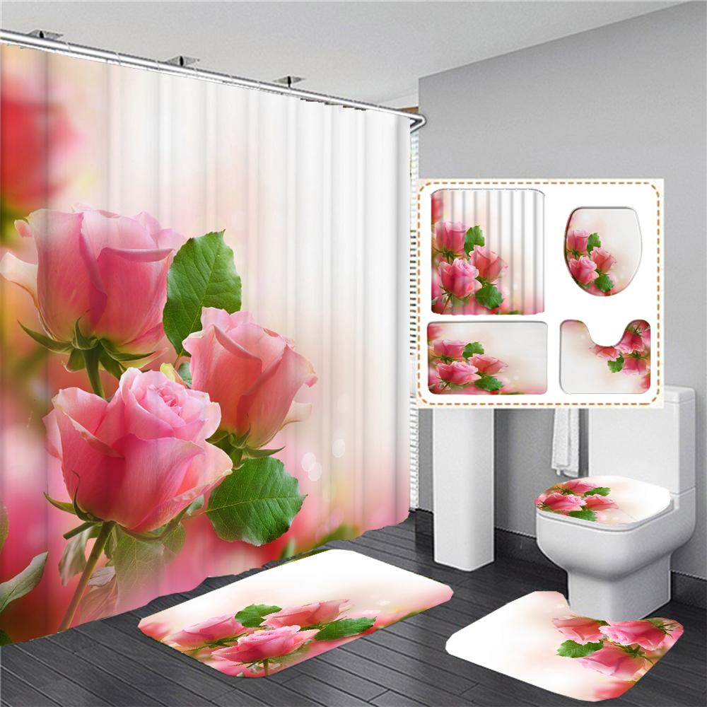 Tulip Flowers Bathroom Curtains Floral Fabric Shower Curtain Set Bath Mats Rugs Toilet Lid Cover Anti-Skid Carpet Home Decor