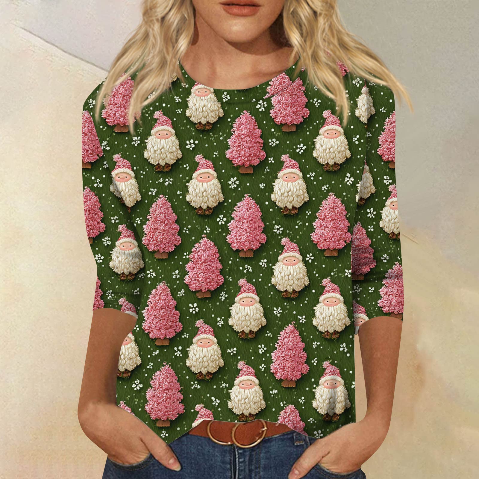 

Жіноча модна повсякденна вільна футболка з принтом і круглим вирізом з рукавом 3/4 L темно-зелений колір