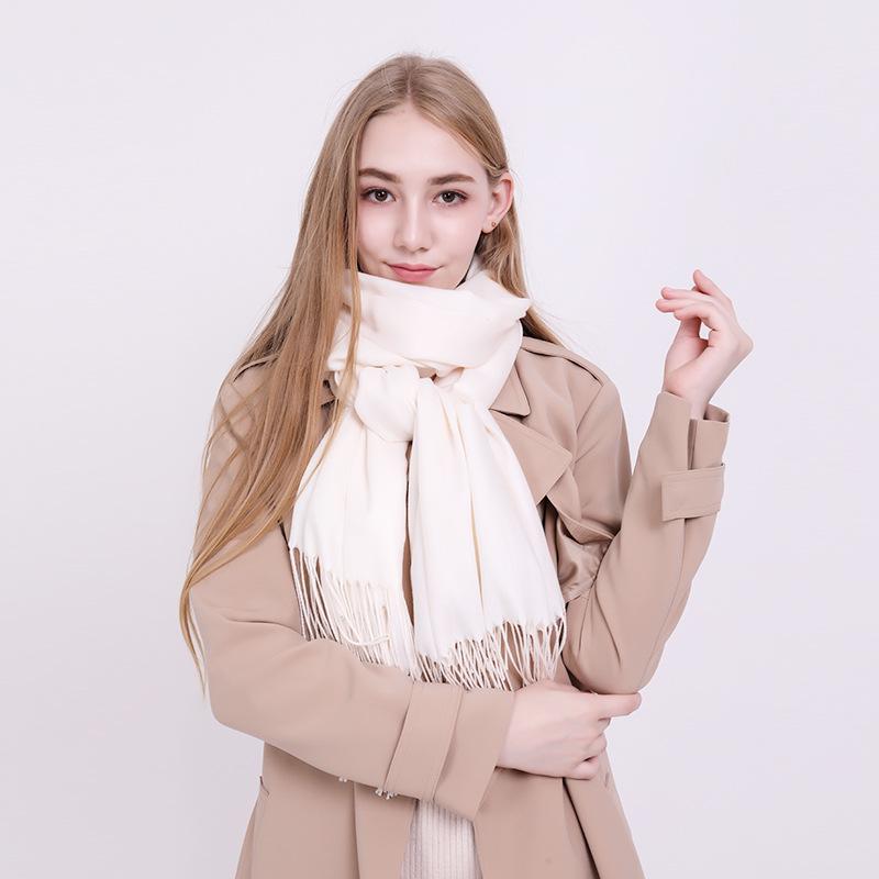 Women's High-End Korean Style Tassel Scarf - Imitation Cashmere, Solid Color, Thickened Neck Warmer Shawl for Autumn and Winter.