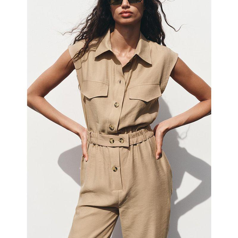 Spring and Summer New Women's Clothing European and American Leisure with Belt Fashion Sleeveless Lapel Jumpsuit 3897091