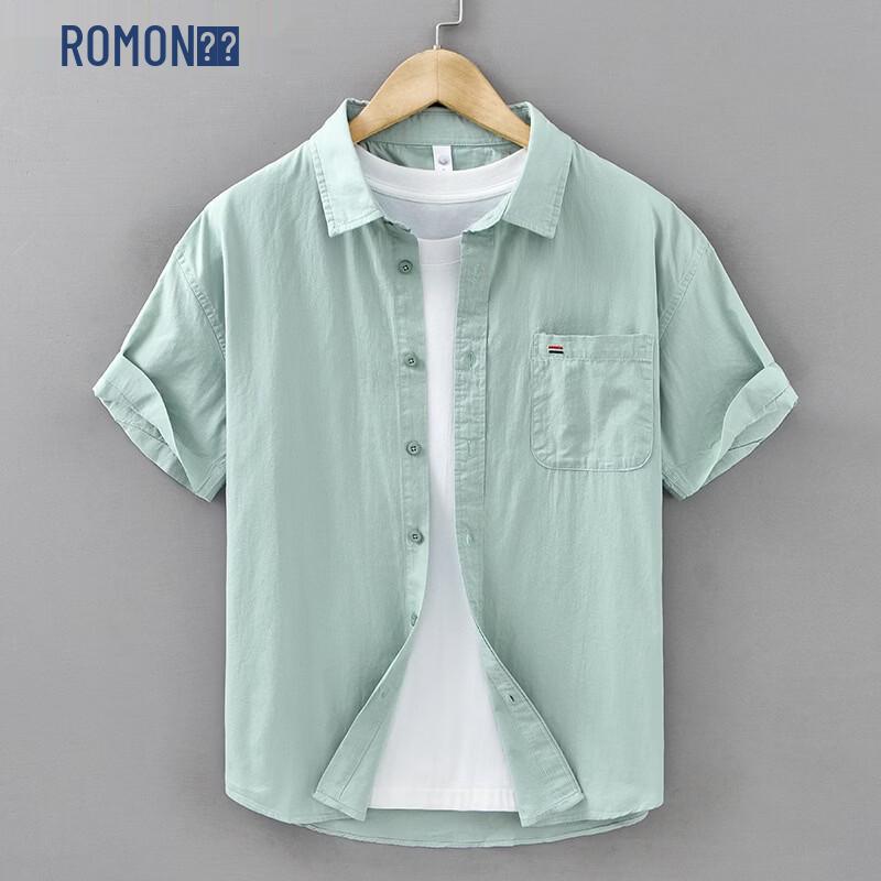 ROMON Men's Solid Color Pure Cotton Short Sleeve Shirt
