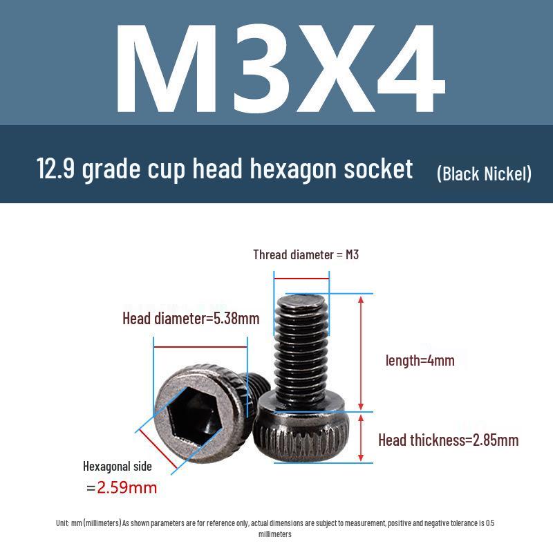 Yigu High-Strength Black Nickel Hex Socket Screw, M1.6-M4, Knurled Cup Head Bolt, 12.9 Grade.