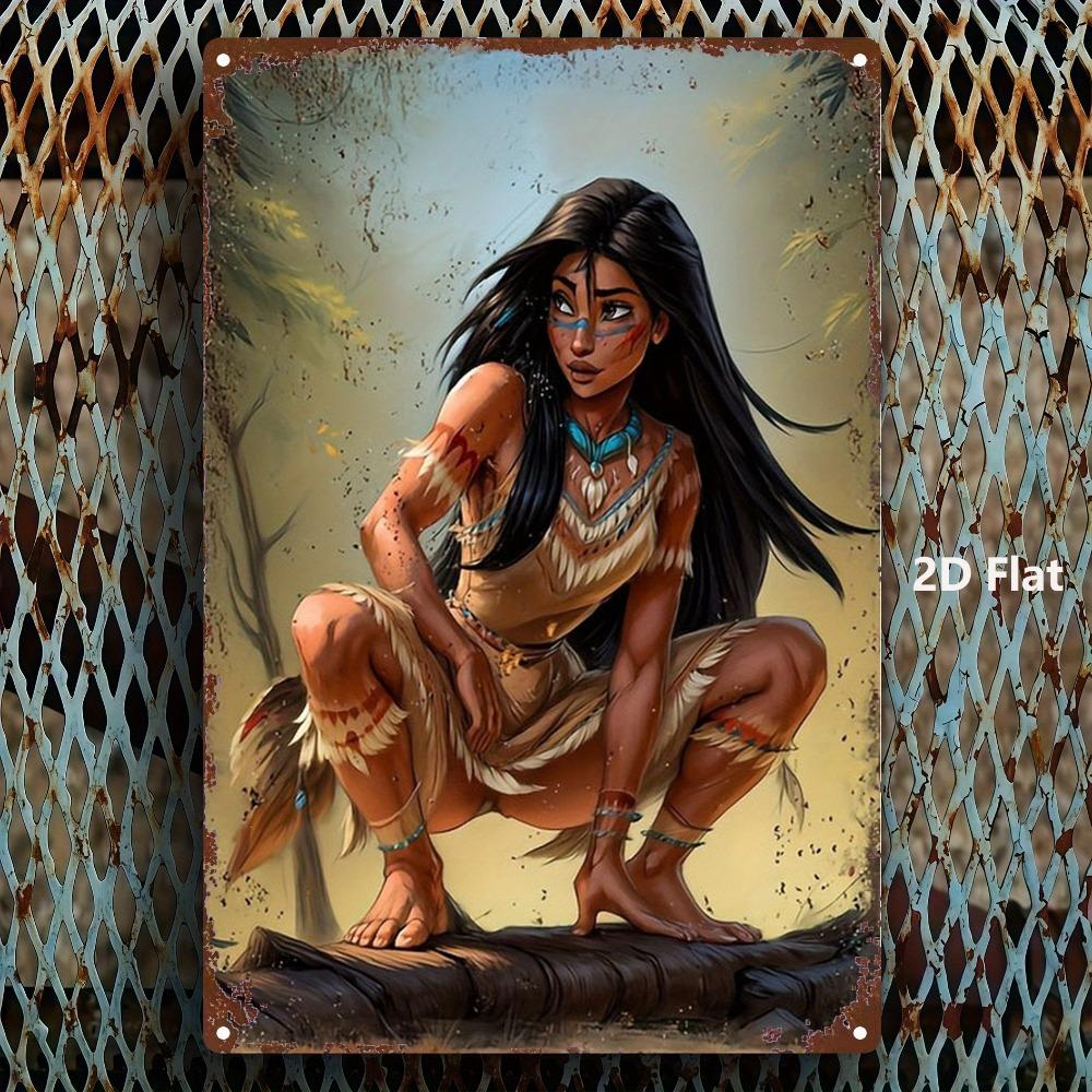 Native American Female Metal Wall Decor, 8x12in Vintage Sign with Pre-Drilled Holes, Home Gift