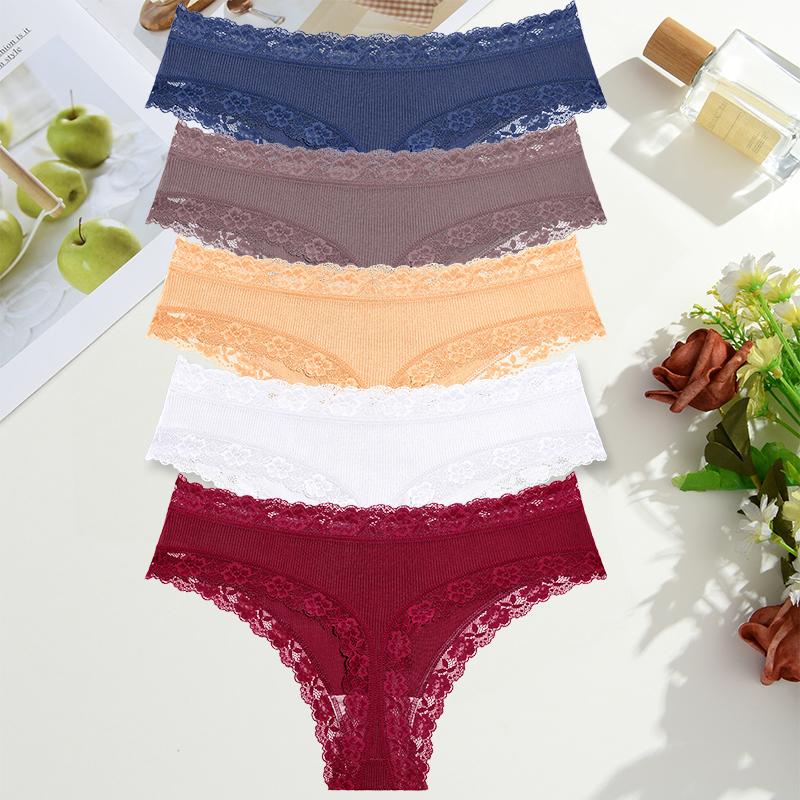 

5 шт./компл. Контрастное кружево, цветочные трусики, ребристые стринги, со средней посадкой, женские трусики, дышащее женское белье, S-XXL 2XL&Set