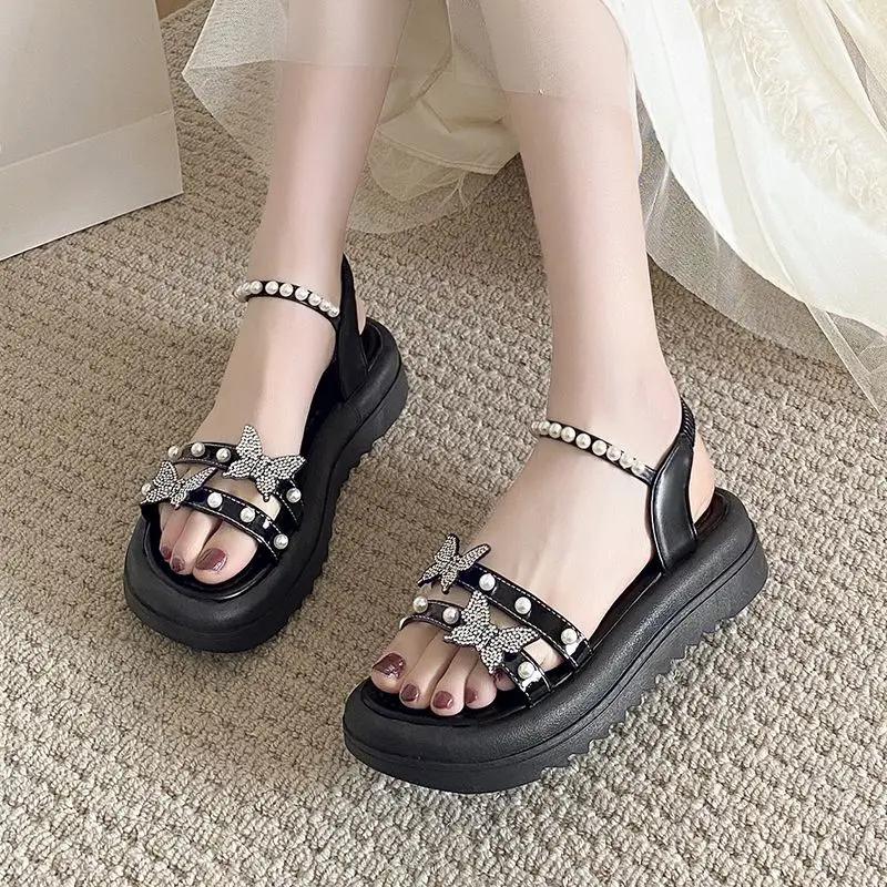 Fashion Sandals for Women Pearl Diamond Korea Sandal Luxury Summer Asian Size Woman Shoes Vintage Comfortable and Elegant 2025 Footwear