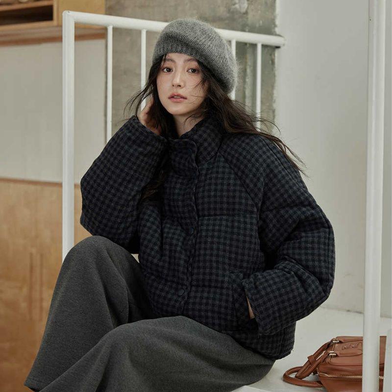 Korean Style Short Plaid Cotton Jacket - Women's Trendy Spring Outerwear