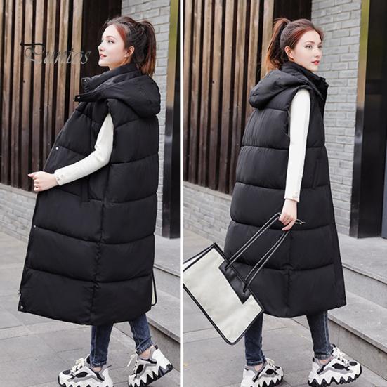 Winter Women Waistcoat Thickened Padded Zipper Closure Hooded Loose Fit Adjustable Waist with Belt Sleeveless Solid Color Windproof Heat Retention