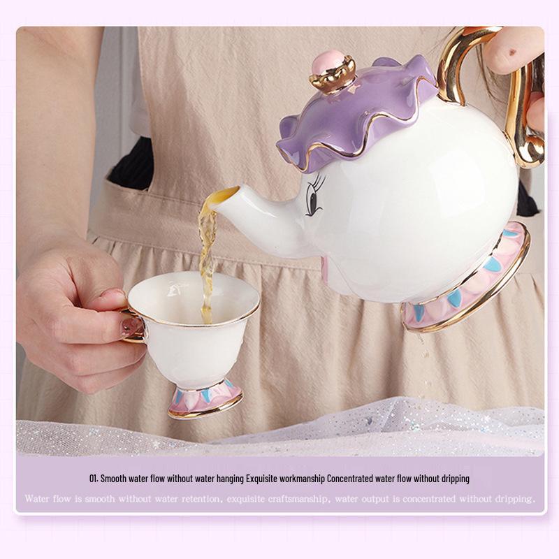 European Beauty and the Beast Ceramic Tea Set: Mrs. Potts Teapot and Chip Mug, Large Capacity.