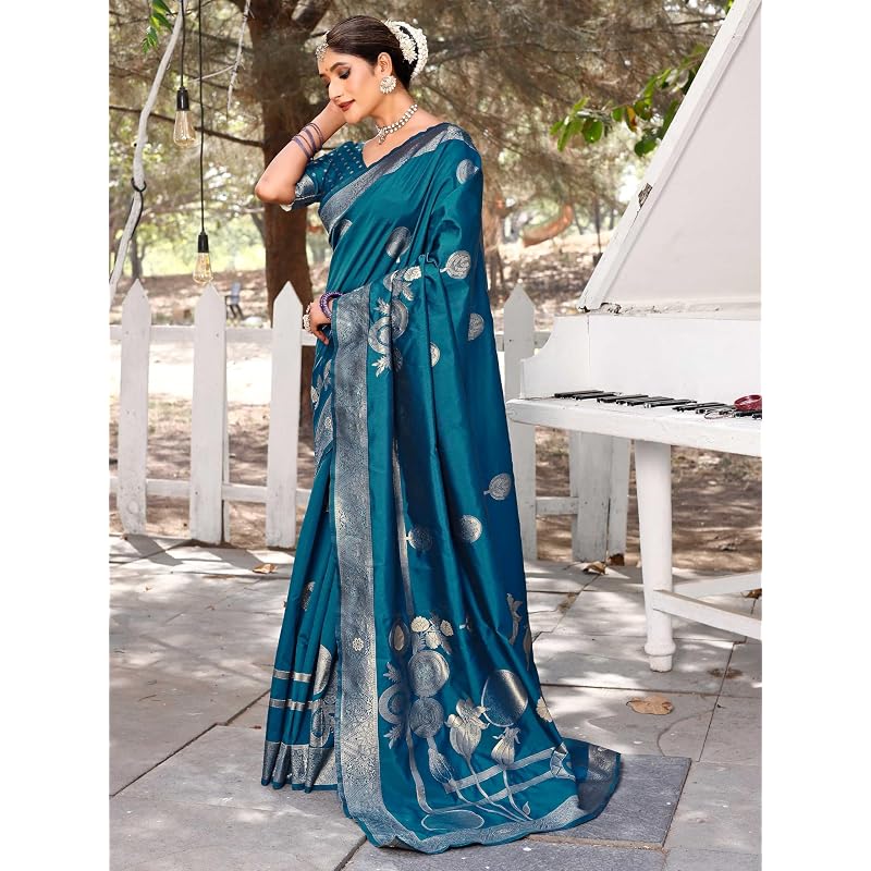 Leriya Fashion Damen Reiner Jacquard Banarasi Kanjivarm Baumwollseide Sari mit Blusenteil Sari für Damen ( )