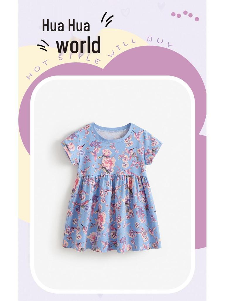Malwee Girls' Stylish Summer Dress - Round Neck, Printed, Short Sleeve, Trendy Princess Design for Children