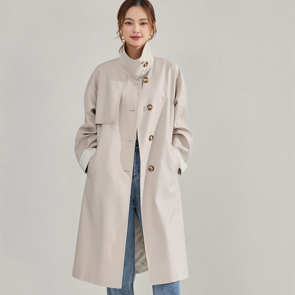 Chunxin commuting temperament loose silhouette drape retro stand-up collar medium and long trench coat women 22352