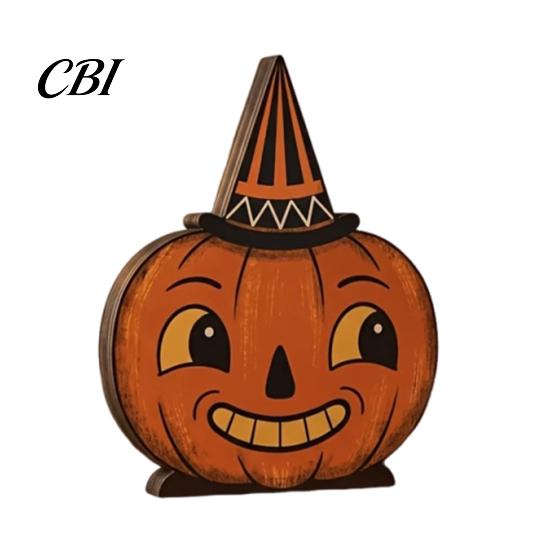 Durable Wooden Party Ornaments Halloween Vintage Ornaments, Cute Bat/Black Cat/Owl/Pumpkin/Ghost/Skull Decorations, Retro Indoor Room Decor Distressed