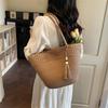 Woven Straw Tote Bag with Beaded Tassel and Open Top Design for Summer Beach or Casual Daily Use
