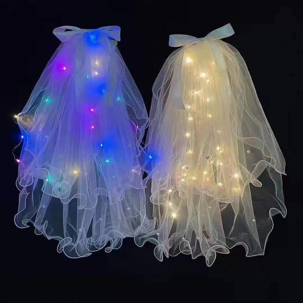 LED Light Bridal Wedding Veil with Pearls/Crowns Wedding Tiara Veil for Props Party Headpieces Decor Glowing Flash Veil