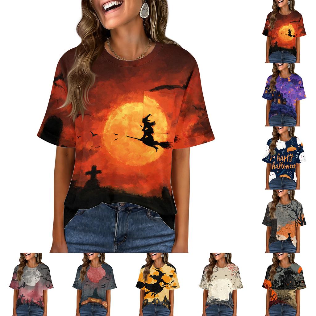 Women's Casual Short Sleeve Pullover Top Halloween Print Round Neck Pocket Design Loose Fit Comfortable T Shirt for Everyday Wear