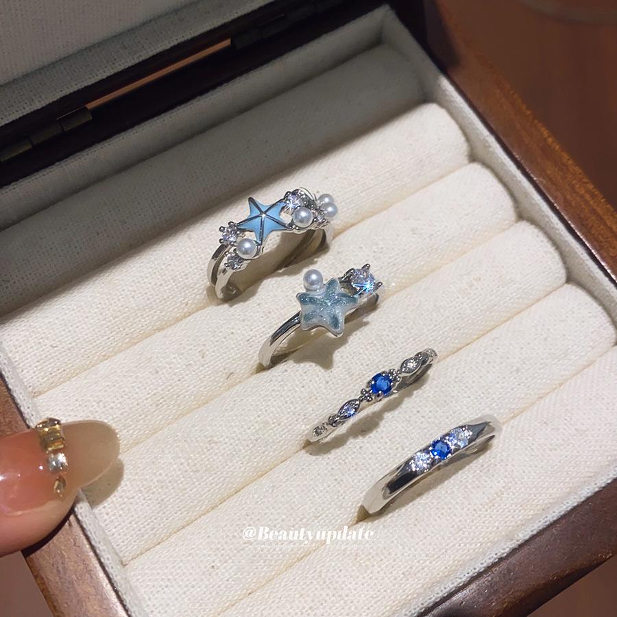 Elegant Zircon Pearl Starfish Enamel Open Ring - Versatile High-End Jewelry