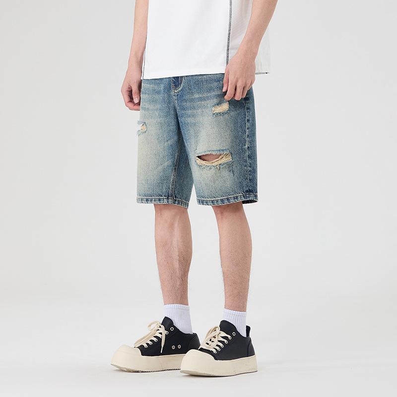 Fable Men's Light Blue Summer New Ripped Denim Five-Point Pants Versatile Jeans Shorts Japanese Loose Pants Cm