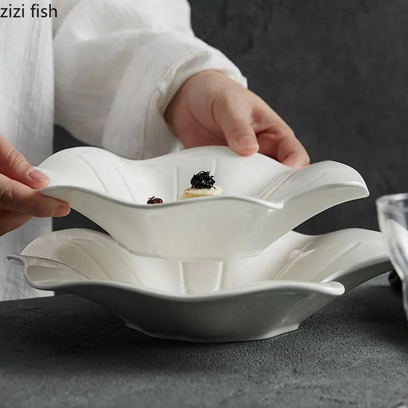 Irregular Lotus Leaf Plate Ceramic Tableware Salad Plate Dessert Snack Plates Thick Soup Plate Artistic Conception Tableware