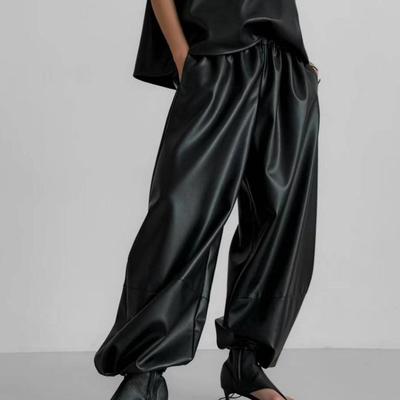 Women's Leather Pants Autumn Winter New Drawstring Jogger Lantern Pants Loose Leather Pants PU Leather Long Pants for Women