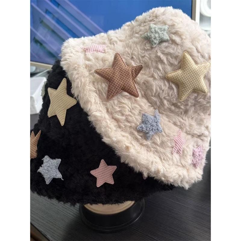 Women S Plush Star Bucket Hat Cute Warm Sun Protection For Autumn Winter