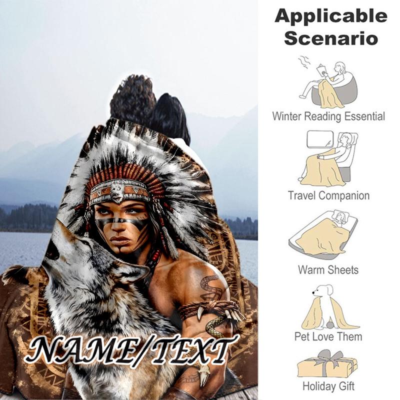 1PC Custom Name Native American Wolf Spirit Outdooor Flannel Blankets Throw Blanket All-Season Throw Gift Bedspread for Couch, Bed, Camping Holiday Bi