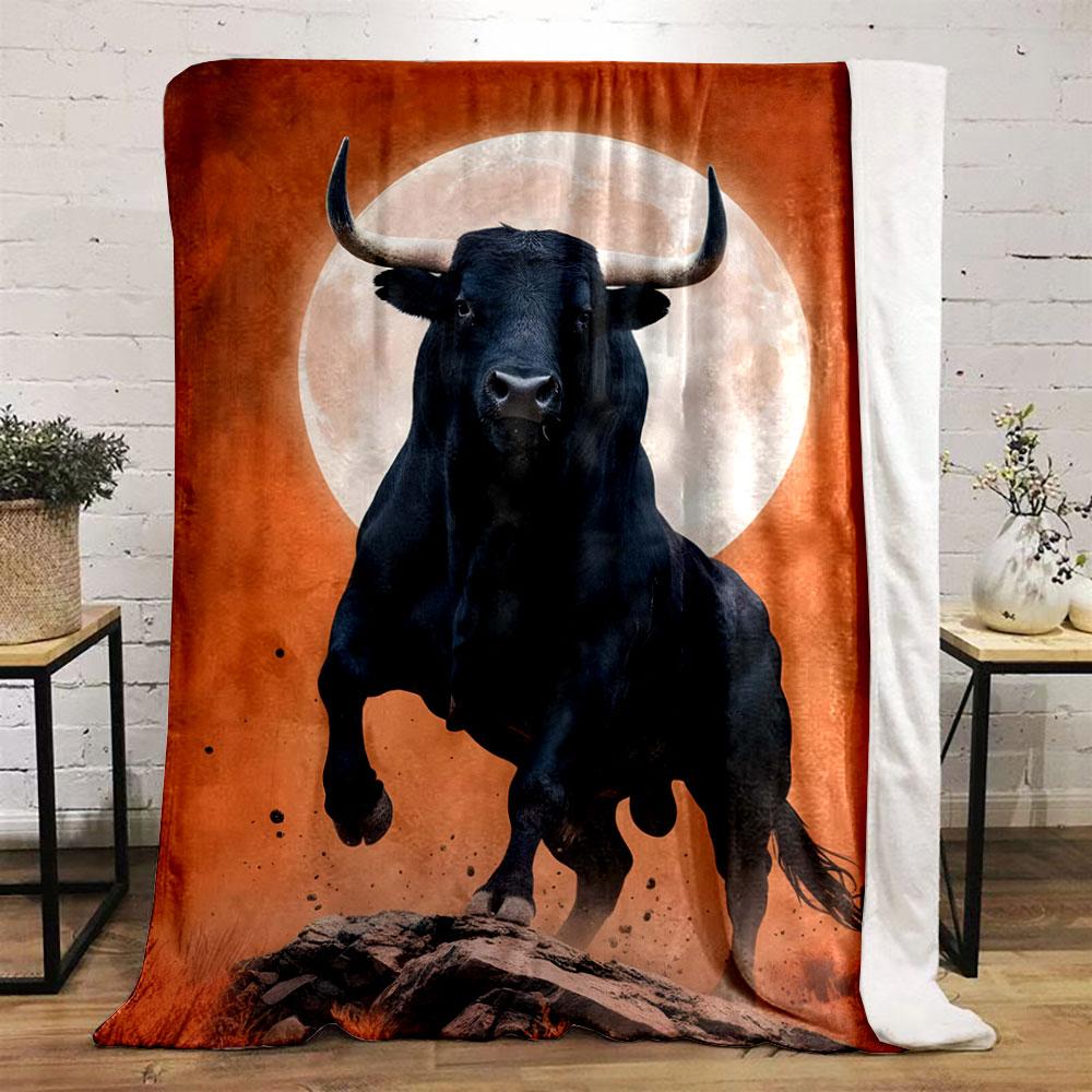 A Powerful Black Bull In Motion with a Full Moon and Orange Background. for All Seasons Blanket Lunch Break Throw Gift