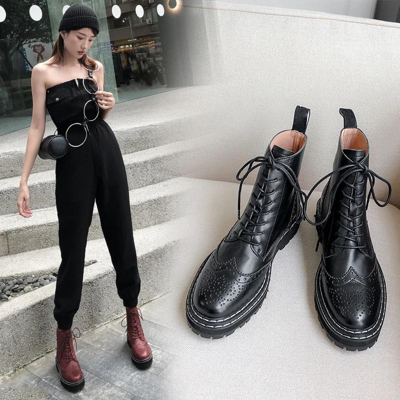 Fashion INS 2025 Women Ankle Boots Cowhide Chunky Heel Shoes Autumn Winter Ladies Shoes Lace Up Short Boots Motorcycle Woman Boots