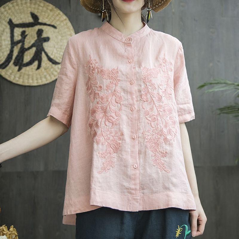 Women's Standing Collar Shirt Artistic Embroidery Shirt Plus Size Short Sleeved Shirt Women's Linen Shirt