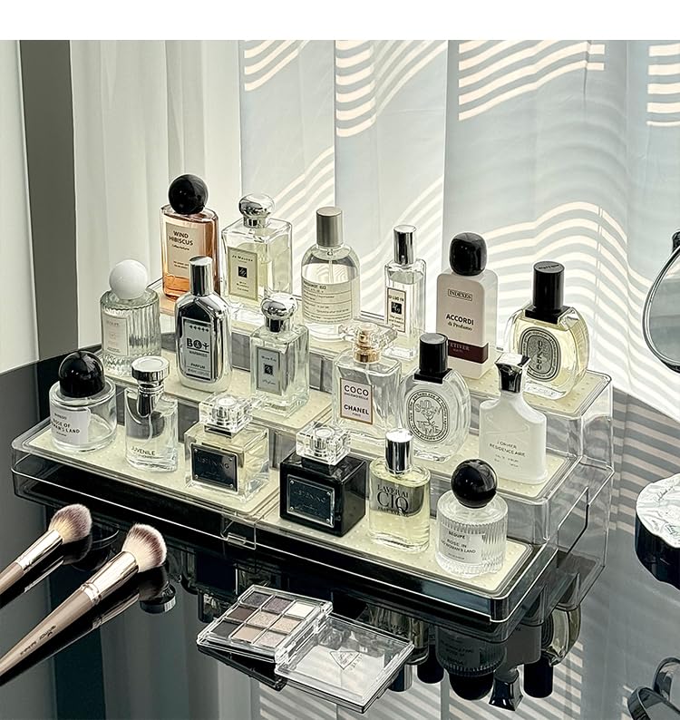 ACSTORi Perfume Storage Figure Display Telescopic Cosmetic Storage Adjustable Height Clear PET TPR Mat No Installation Perfume Organizer Rack, Stand,