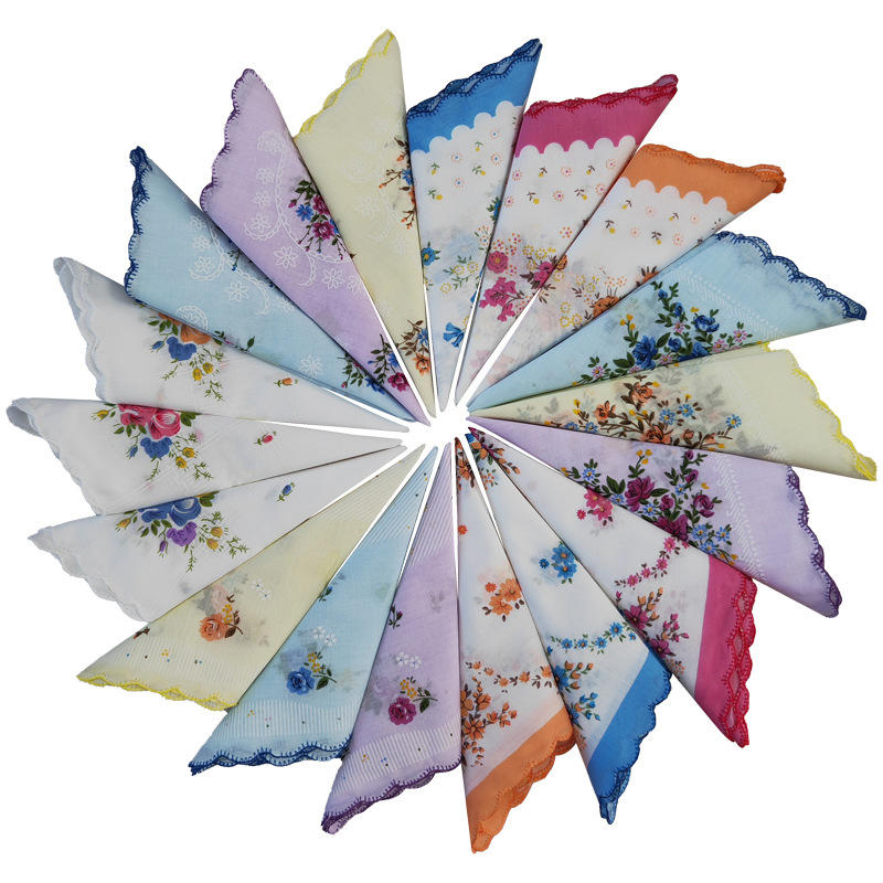 3pcs Small Floral Women's Handkerchiefs Crescent Edge Girl Printed Cotton White Background Refreshing Ladies Handkerchiefs