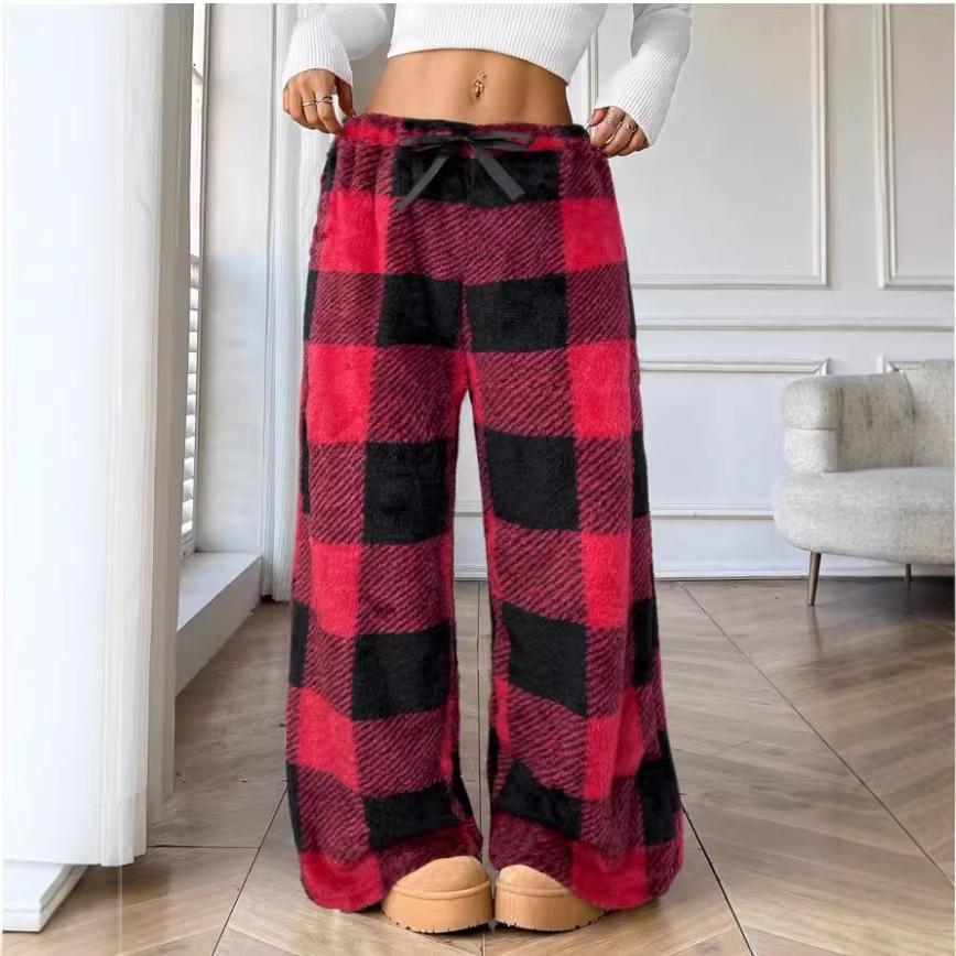 New Autumn-winter Thick Checked Casual Fashionable Loose Wide-leg Plush Pajama Pants
