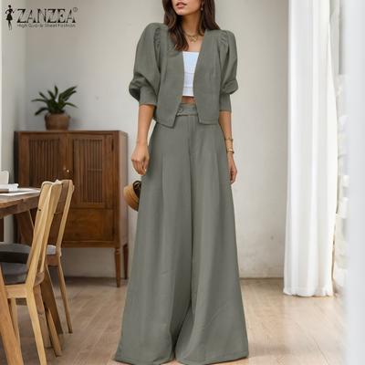 Women Long Sleeve Cardigan Blouse and Wide Leg Pants Two Piece Suit Sets