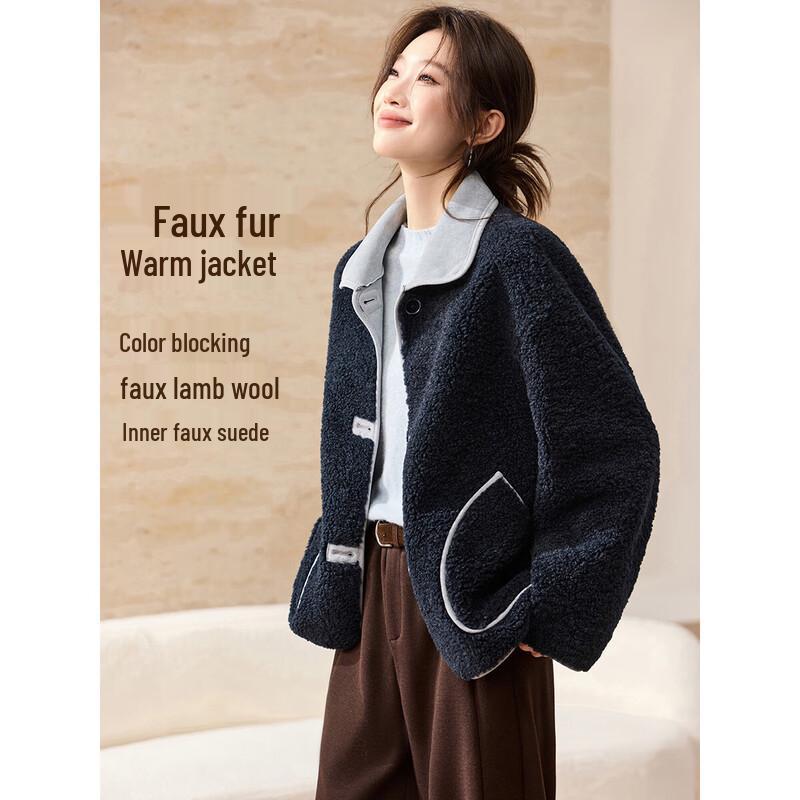 

Women s Faux Fur Color Block Lapel Jacket L