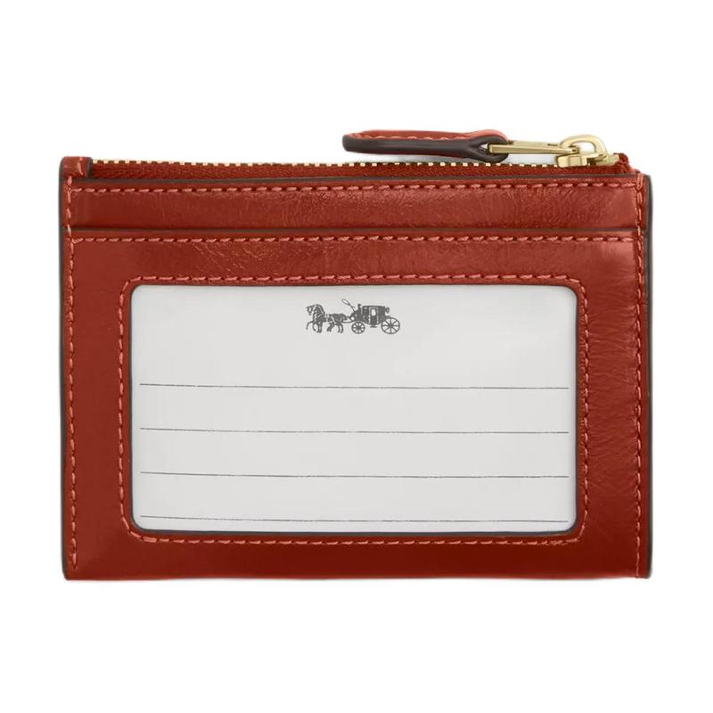 Coach Skinny Id Case Metal Hardware Monogram Engraved Wrinkled Leather Card Holder Mini Unisex Couple Size Cinnamon Cinnamon