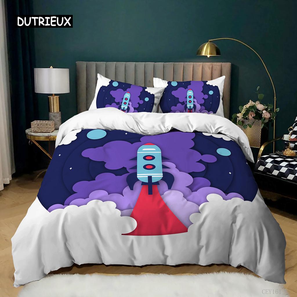 3D Rocket Duvet Cover Set Twin Size Microfiber Space Shuttle Galaxies Bedding Set for Kids Teens Boys Cartoon Style Quilt Cover