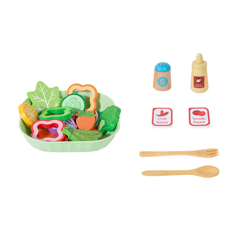 Wooden Salad Game Food Set Pretend Fruit Vegetable Cutting Toy And Tableware Seasoning Bowl Children's Kitchen Pretend Toy