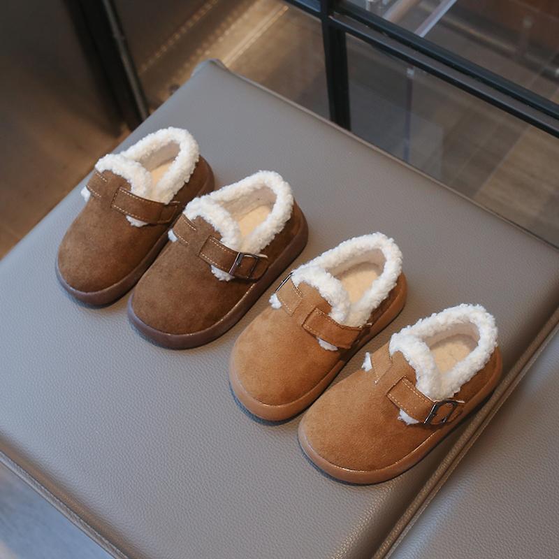 Genuine Leather Girls' Snow Boots with Plush Haken Shoes, Winter Girls' Baby Cotton Shoes with Plush Boys' Woolen Shoes