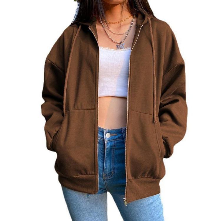 Women's Solid Color Fleece Zipper Jacket Loose Fit Long Sleeve Hooded Sweatshirt