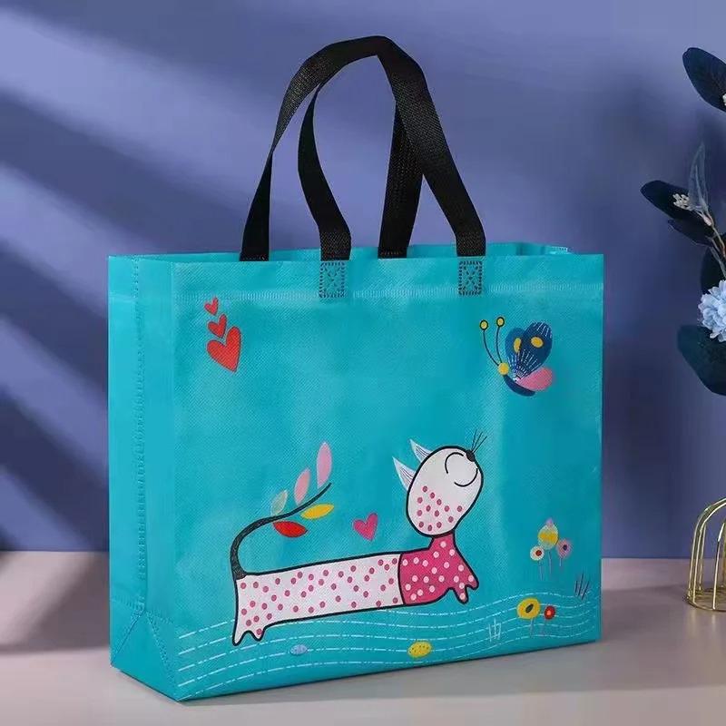 10PCS Rose Printing Packaging Shopping Bag Handle Waterproof Non Woven Fabric Gift Bags Black Clothing Store HandBag