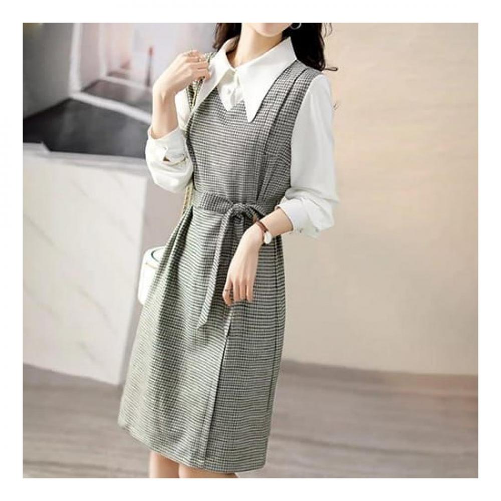 Navava Women Check Two In One Long Sleeve Shirt Dress No738