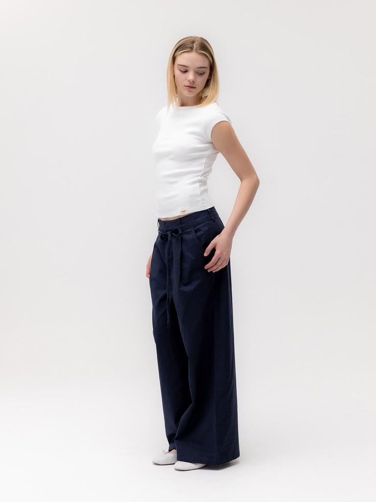 GLOWNY G Belted Linen Wide Pants (Navy)
