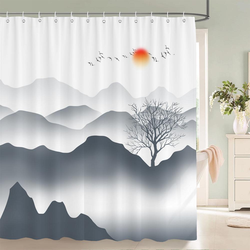 Chiński styl tuszu krajobrazowy zasłona prysznicowa malowniczy wzór Wodoodporna tkanina zasłona łazienkowa zmywalna Zasłony łazienkowe Wielorozmiarowe