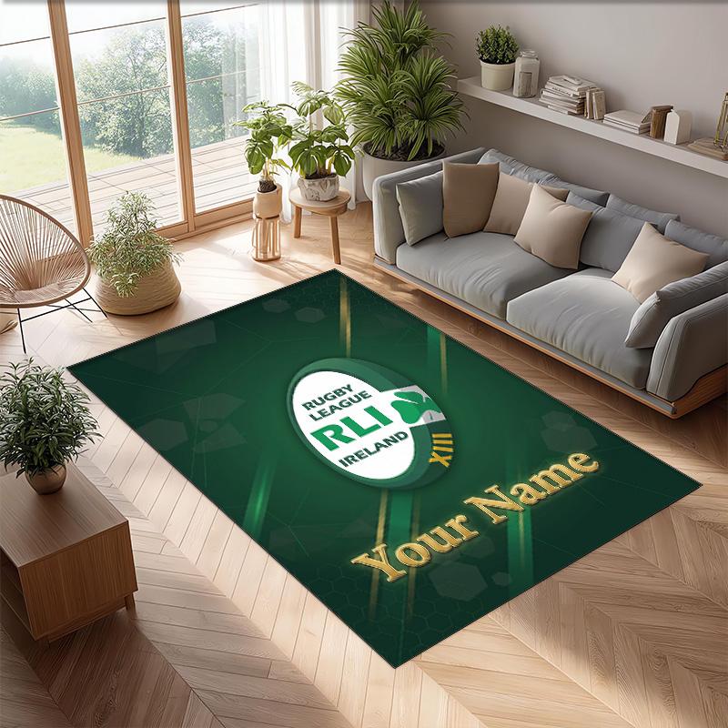 Ireland Rugby Crystal Velvet Rug, Custom Name Text Personalized Non‑Slip Floor Mat for Home Decor Gift