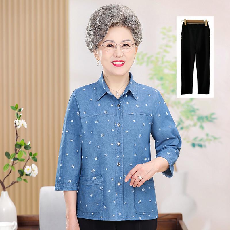 New Summer Eight-Sleeve Pure Cotton Shirt for Elderly Women - 60s/70s Style Grandma Top